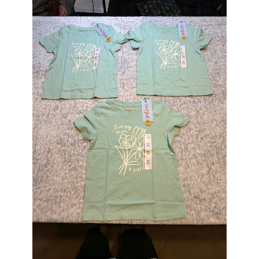 Cat Jack Kids Girls 3T Green Short Sleeve Love My Mom Flower T Shirt NWT lot 3